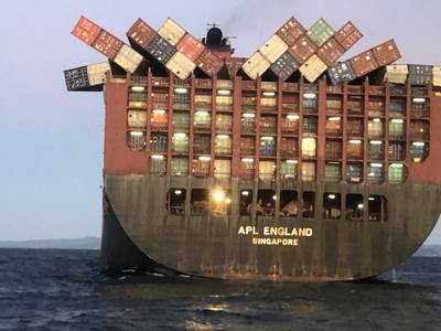 Singapore-flagged APL England dropped dozens of containers off the coast of Australia. Several stacks can be see toppled over on deck.(Photo: AMSA)
