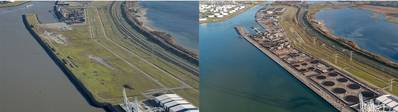 Left: Situation at the start of works and after completion of the HES Hartel Tank Terminal quay walls and jetty. Foto: Paul Martens, HES Hartel Tank Terminal