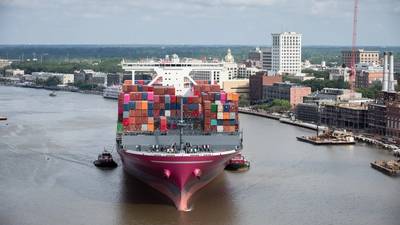 ONE Stork Port of Savannah: The Ocean Network Express vessel Stork sails up river past historic downtown Savannah on its maiden voyage to the Port of Savannah. (Photo: Georgia Ports Authority/Stephen B. Morton)