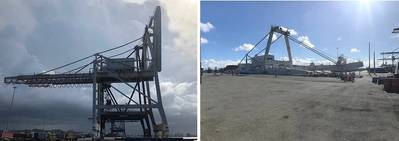 GRT successfully demolishes 180ft ship to shore crane in San Juan - before and after shots. Photo: Global Rigging and Transport (GRT)