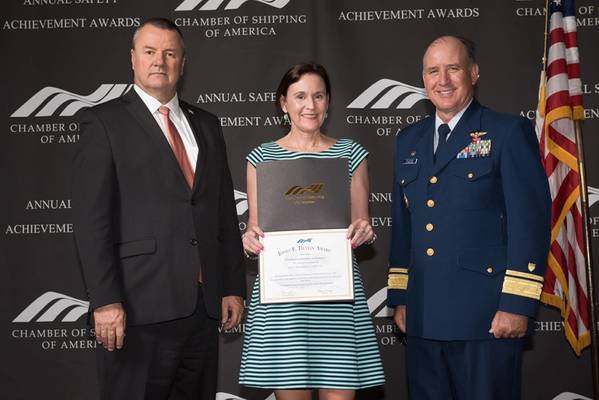 Among those recognized, 65 vessels of Foss Maritime and its subsidiary companies were granted the 2016 Jones F. Devlin award for outstanding safety records. Pictured: Susan Hayman from Foss accepts the award. (Photo: Foss)