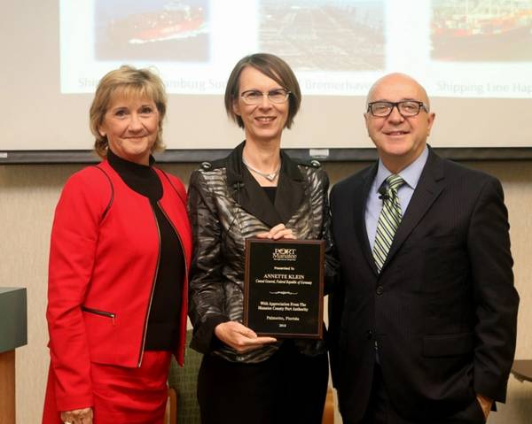 Annette Klein, Germany’s Miami-based consul general, center, is recognized by Vanessa Baugh, chairwoman of the Manatee County Port Authority, left, and Port Manatee Executive Director Carlos Buqueras. (Photo: Port Manatee)
