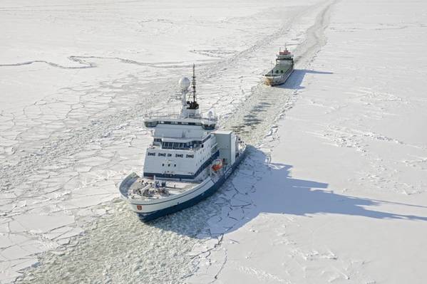 Arctia's converted polar icebreaker Otso assisting a vessel in the Bothnian Bay in March 2018 (Credit: Flying Focus and Arctia Ltd.)