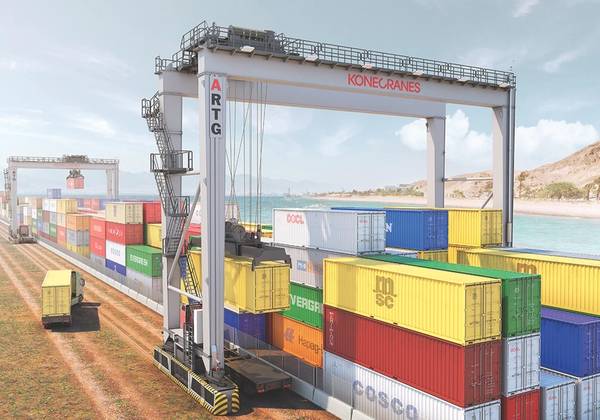 Automatically and/or remotely operated Rubber Tire Gantry [RTG] in operation. (Photo: Konecranes)