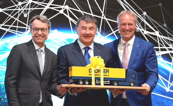 From left: Bernhard Simon, CEO Dachser, Albert Johnston, Managing Director, Johnston Logistics
and soon of Dachser Ireland as well as Michael Schilling, COO Road Logistics at Dachser, at transport logistic in Munich. (Photo: Dachser)
