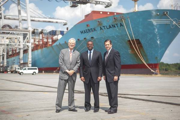 GPA Board Chairman Robert Jepson, Atlanta Mayor Kasim Reed, and GPA’s Executive Director Curtis Foltz in front of the Maersk vessel Atlanta, Monday at the Georgia Ports Authority’s Garden City Terminal. The officials gathered just before Vice President Joe Biden shared remarks at the Port of Savannah. (GPA photo/Luke Smith)