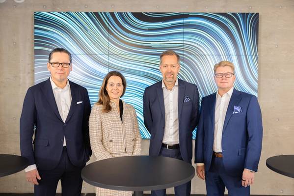 Nixu Board gives recommendation supporting DNV’s tender offer, in Helsinki in February 2023. From left: Remi Eriksen, Group President and CEO at DNV; Liv Hovem, CEO of DNV’s Accelerator; Teemu Salmi, CEO at Nixu; Jari Nisk, Chairman of the Board at Nixu. Image courtesy DNV