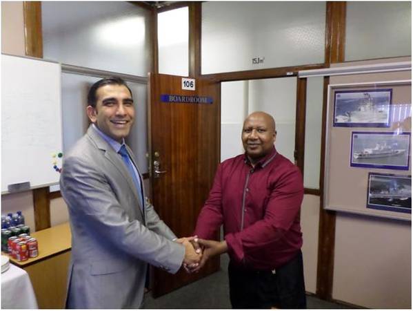 Brigadier General (Ret) Raymond Fihla, He is the Treasurer General of the South African National Military Veterans Association (SANMVA) pictured with Southern African Shipyards CEO Prasheen Maharaj