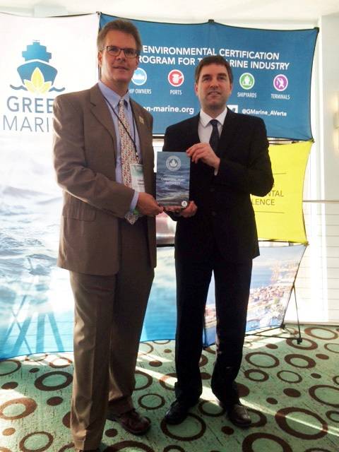 Port Canaveral Director of Environmental, Bob Musser (left) accepts the Green Marine Certification from David Bolduc, Green Marine Executive Director at the annual GreenTech conference held in Ft. Lauderdale, Fla. (Photo: Port Canaveral)