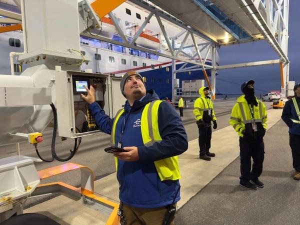 Port Canaveral’s Cruise Automation Team performing a safety check on the passenger boarding bridge at Cruise Terminal 6. Credit: Canaveral Port Authority

 