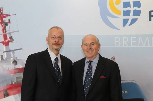 Captain Udo Fox, new Chairman of the IMRF (left) with outgoing Chairman, Michael Vlasto OBE (Photo: IMRF)