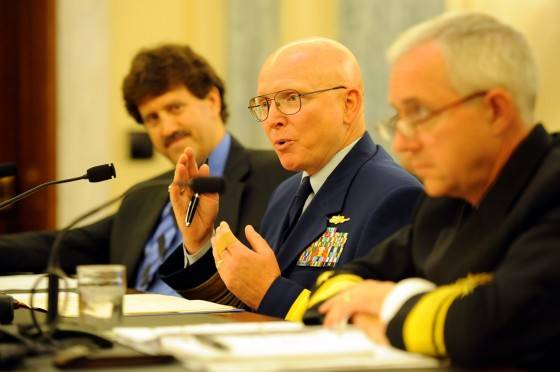 Coast Guard Commandant Adm. Bob Papp, Navy Rear Adm. David Titley and Ambassador David Balton testify before the U.S. Senate during a hearing on defending U.S. economic interests in the changing Arctic July 27. U.S. Coast Guard photo by Petty Officer 2nd Class Patrick Kelley.