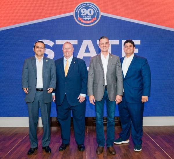 From left, BND Commissioner David A. Garcia, BND Secretary John Reed, BND Vice Chairman Ernesto Gutierrez and BND Commissioner Luis H. Villarreal Jr., stand on stage during the Port of Brownsville's annual State of the Port on June 11, at the Rancho Viejo Conference Center in Rancho Viejo, Texas. © Port of Brownsville