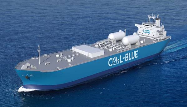 Conceptual image of the ocean-going LCO2 carrier. Image courtesy Mitsubishi Shipbuilding