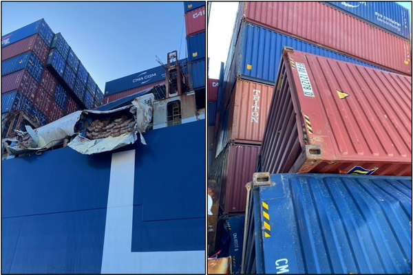 The area of the container collapse is pictured (left) and a closer view of the collapsed containers on the President Eisenhower (right). (Source: U.S. Coast Guard)