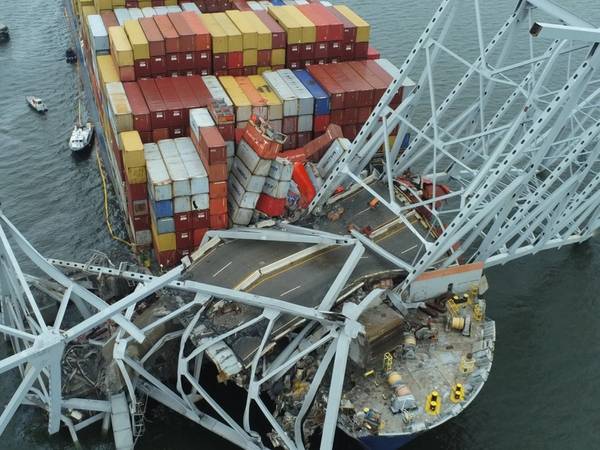 Containership Dali is shown with the collapsed Francis Scott Key Bridge on March 28, 2024, in Baltimore (Photo: U.S. Coast Guard)
