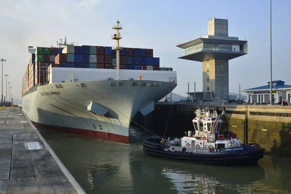 The COSCO Development transiting the Panama Canal's Cocoli Locks, making it the largest vessel to transit the Expanded Canal. (Photo: Panama Canal Authority)