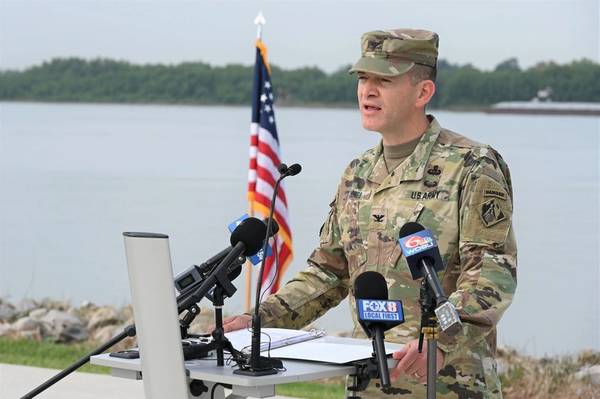 Col. Cullen Jones, USACE New Orleans District commander, briefs media Sept. 15, 2023, on current steps the Corps plans to take to augment the existing underwater sill constructed by USACE in the Mississippi River to help slow progression of the saltwater wedge moving upriver from the Gulf of Mexico. (Photo: Ryan Labadens / U.S. Army)