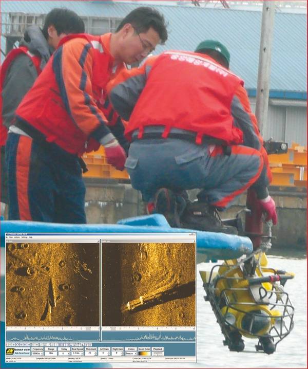 Daekee Marine’s team deploys the TOV-1 towed video (Inset) – Side scan image of harbor bottom littered with tires, pipes, and debris.