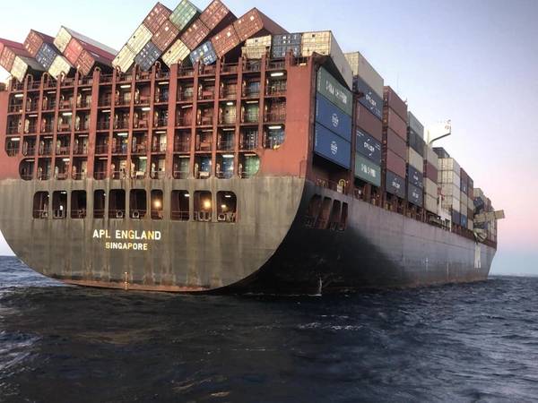 The APL England lost at least 50 containers in heavy seas off the coast of Australia in May 2020. (Photo: Australian Maritime Safety Authority)