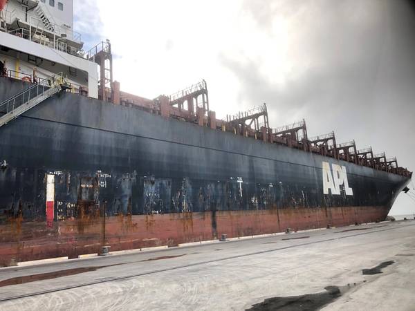 APL England without cargo in the Port of Brisbane, prior to departing for China where the ship will be repaired. (Photo: AMSA)