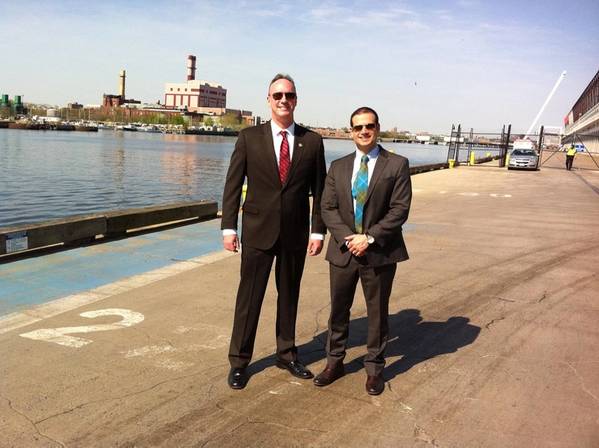 U.S. Federal Maritime Commissioner William P. Doyle and Nova Scotia's Minister of Natural Resources Zach Churchill in Boston waiting for the M/V Nova Star to dock.