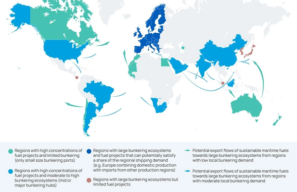 Figure 1: Global map showing potential regional patterns and early trade for sustainable maritime fuels. Credit: Lloyd’s Register