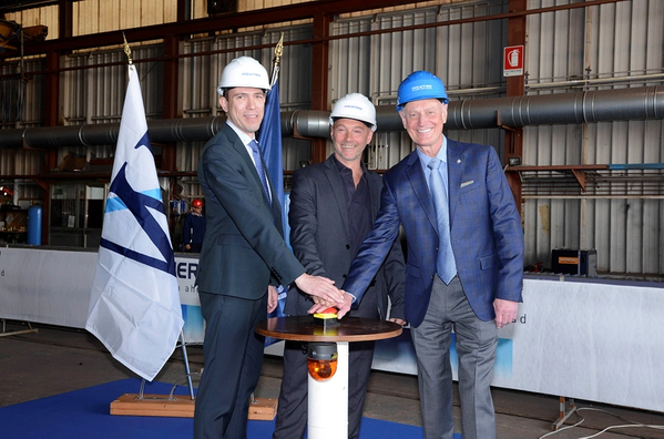 Fincantieri’s Vice President of Ship Repair and Conversions Andrew Toso, Shipyard Director Gianni Salvagno and Windstar Cruises’ Vice President of Expansion Projects John Gunner in Trieste, Italy (left to right). (Photo: Fincantieri)