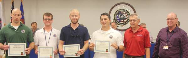 The first class of apprentice engineers to complete TECH Program received completion certificates at the AMO monthly membership meeting in August. Joseph Parsons III, Brandon Mackie, John Peterson and Cameron Siele have since successfully completed the USCG exams to earn unlimited licenses as third assistant engineers. With them here are STAR Center Director of Training Phil Shullo and Head of the STAR Center Engineering Department Matt Grose. (Photo: STAR Center)