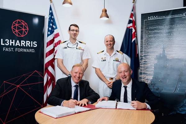 Front row L-R: Nigel Bagster, Managing Director, Communications Australia, L3Harris, and Joe Smith, General Manager, Naval Ship Management.
Back row L-R: Commander Dane Wilson, Sustainment Manager, Amphibious Combat and Sealift SPO, RAN, and Captain Bradley Smith, Director, Amphibious Combat and Sealift SPO, RAN.
 (Photo: NSM)