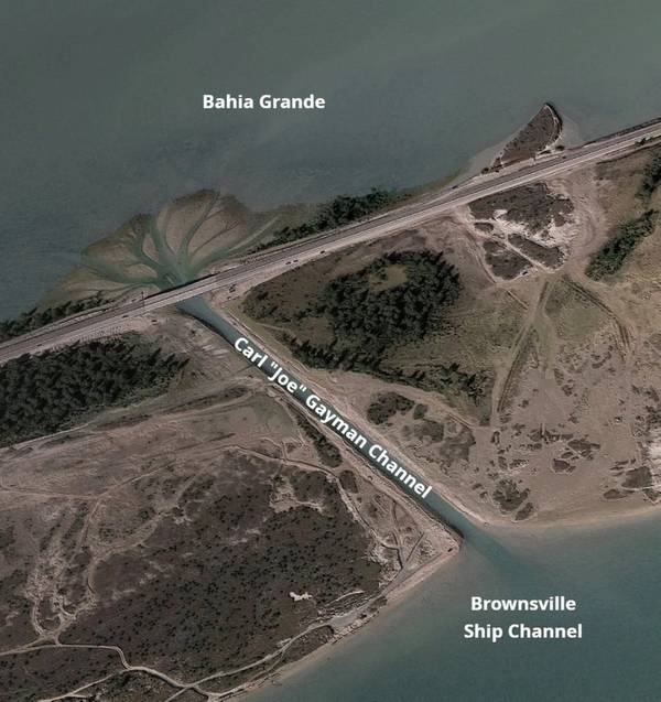 This Google Maps aerial photo shows the Carl “Joe” Gayman channel connecting the Bahia Grande with the Brownsville Ship Channel. This channel will be widened from its existing 34-foot width to 250 feet, providing much more natural tidal exchange and ecological growth in the Bahia Grande. (Photo: Port of Brownsville)