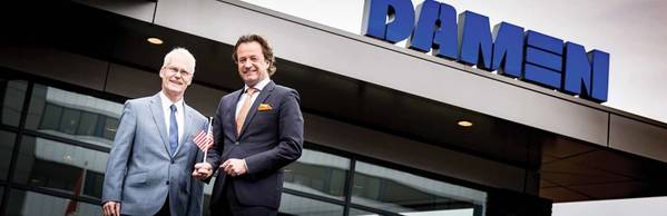 Ruud Haneveer, Market Development Executive for Damen Shiprepair & Conversion and Jan van Hogerwou, Damen’s Manager Newbuildings for USA and Canada are celebrating the opening of Damen’s new North American office. (Photo: Damen Shipyards Group)
