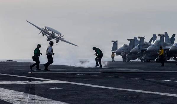 An E-2D Hawkeye, attached to Airborne Command & Control Squadron (VAW) 117, launches from the flight deck of Nimitz-class aircraft carrier USS Abraham Lincoln (CVN 72) during Operation Epic Fury, March 31, 2026. (U.S. Navy photo)