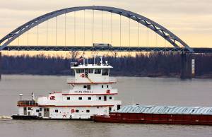 The Helen Merrill southbound on her maiden voyage on the Ohio River at Metropolis Ill. a few miles below Paducah, Ky. with the I-24 highway bridge. (Photos courtesy Jeff L. Yates courtesy of Cummins Marine)