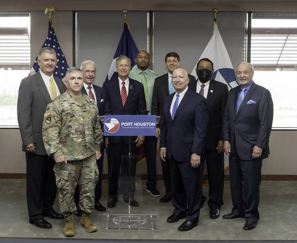 Port Houston Executive Director Roger Guenther; USACE Galveston District Col. Timothy Vail; Port Houston Commissioner Clyde Fitzgerald; Congressman Brian Babin; USACE Galv. District Deputy District Engineer Byron Williams (green shirt); Congressman Jodey Arrington (back row green tie); Congressman Kevin Brady; Congressman Al Green (wearing mask); Port Houston Commissioner Roy Mease (Photo: Port Houston)