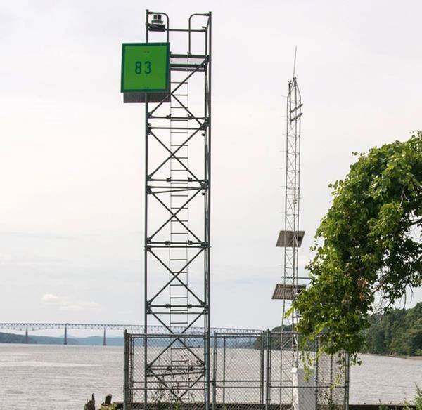 The Hudson River Estuary PORTS station at Turkey Point, New York in January 2025. It measures and disseminates observations and predictions of water levels, currents, salinity, and meteorological parameters – winds, atmospheric pressure, air and water temperatures – that mariners need to navigate safely. Credit: Sarah Fernald, NYSDEC.