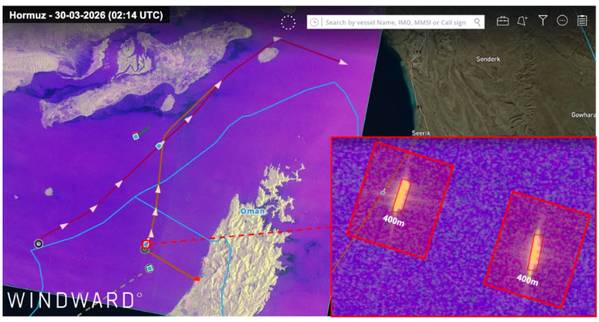 SAR imagery of the two ultra-large container vessels, March 30, 2026. Source: Windward Remote Sensing Intelligence.