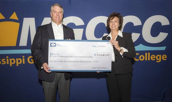 Ingalls Shipbuilding President Brian Cuccias, left, and Mary S. Graham, president of Mississippi Gulf Coast College hold the check representing the donation Ingalls made to MGCCC to purchase welding machines. (Photo: HII)