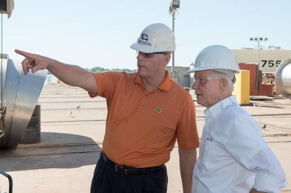 Ingalls Shipbuilding President Brian Cuccias accompanied Senator Jeff Sessions on a shipyard tour Thursday. (HII photo by Andrew Young)