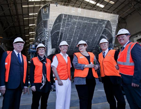 Inspecting one of the two OPV-sized High Speed Support Vessels designed and constructed at Austal's Western Australia shipyard are (from left); Western Australia Premier Colin Barnett, Senator Linda Reynolds, Chief of Navy Vice Admiral Tim Barrett, Minister for Defence Senator Marise Payne, Senator Chris Back and Austal Programs Manager, Ben Wardle. (Photo: Austal)