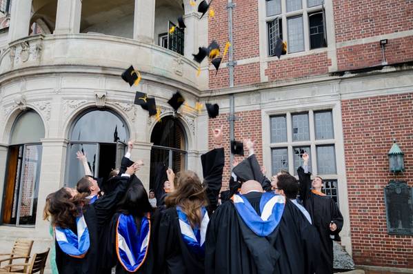 Webb Institute’s Class of 2017 throwing their caps in the air after the 121st Commencement Ceremony. (Photo: Jonathan Wang, Webb Institute student, Class of 2020)
