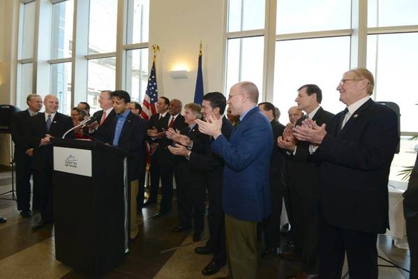 Gov. Jindal at a press conference Wednesday afternoon at the Port of New Orleans Administration Building, joined by ISH President Erik Johnsen (left of Gov. Jindal) New Orleans Mayor Mitch Landrieu (to the left of Johnsen), Port of New Orleans President and CEO Gary LaGrange (far right), Louisiana Secretary of Economic Development Stephen Moret (to the left of LaGrange) and a host of local and state elected officials.