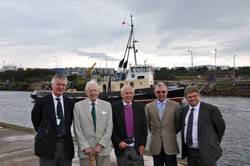 Len Jones (2nd left) at QEII Dock with (l-r) former colleagues Jim Cordiner, David Ogilvie, Ray Howells and current Ship Canal general manager Dean Hammond.