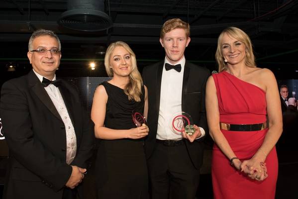 Lauren Kemp, second left, collects her Rising Star award from Prof Ahmed Al-Shamma’a of Liverpool John Moores University, left, the award sponsor. Pictured here with joint Rising Star winner John-James Gallagher of Royal HaskoningDHV and event host BBC Breakfast presenter Louise Minchin. (Photo: Mersey Maritime)