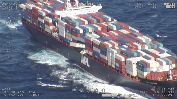 At least nine containers are reported to be protruding from APL England after the ship lost at least 40 containers overboard off the coast of Australia. (Photo: AMSA)