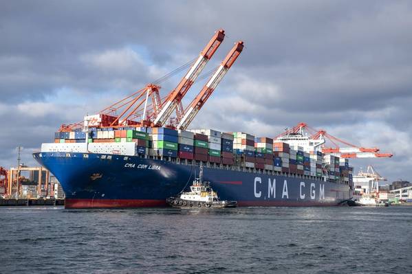 CMA CGM Libra at South End Container Terminal in the Port of Halifax, Nova Scotia. The port is a significant contributor to the regional economy: a recent economic impact report by Chris Lowe Planning and Management Group found that its output from operations in 2017/18 was C$1.97 billion, up 15 percent from 2015/16 values. Photo: Steve Farmer