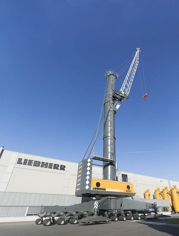 The new Liebherr mobile harbor crane LHM 600 high rise, is ready for transhipment Rostock, Germany to Kingston, Jamaica. (Photo: Liebherr)