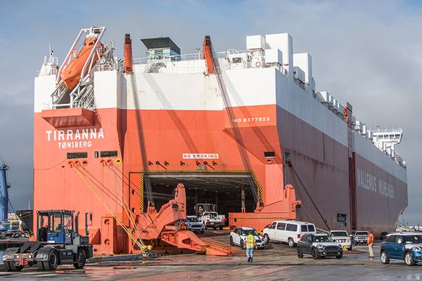 Local workers unload new automobiles from the WWO vessel at the Port of Hueneme  (Photo: Port of Hueneme)