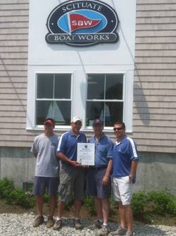Massachusetts State Representative Jim Cantwell was among the dignitaries attending the recent grand opening of the new Scituate Boat Works (SBW) marine services building and Ship’s Store. Left to right: SBW Vice President Scott Hamernick; SBW President Brian Curreri; Rep. Cantwell; and SBW Vice President Marc Curreri.