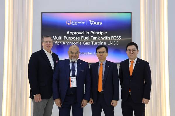 (L to R): Matthew Tremblay, ABS Senior Vice President, Global Offshore Markets; Rostom Merzouki, ABS Vice President, Global Sustainability; John Ki Lim, Hanwha Ocean General Manager and Team Leader of Commercial Vessel Development team; and Dong Kwon (Duke) Lee, Hanwha Ocean Senior Vice President and Head of Basic Performance R&D Center.

Image courtesy ABS